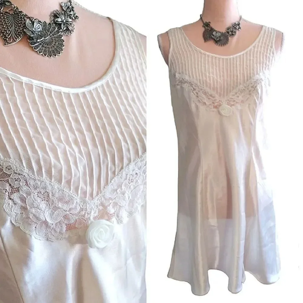 VTG 80s White Satin Floral Lace Rosette Mini Lingerie Slip Dress Small - Picture 3 of 17